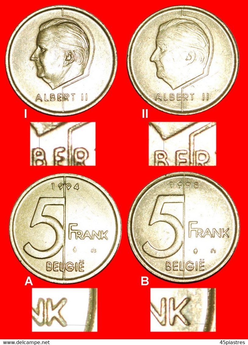 • ALL 4 KNOWN TYPES (1994-2001): BELGIUM ★ 5 FRANCS 1994, 1998 DUTCH And FRENCH LEGEND!LOW START★ NO RESERVE! - Sammlungen