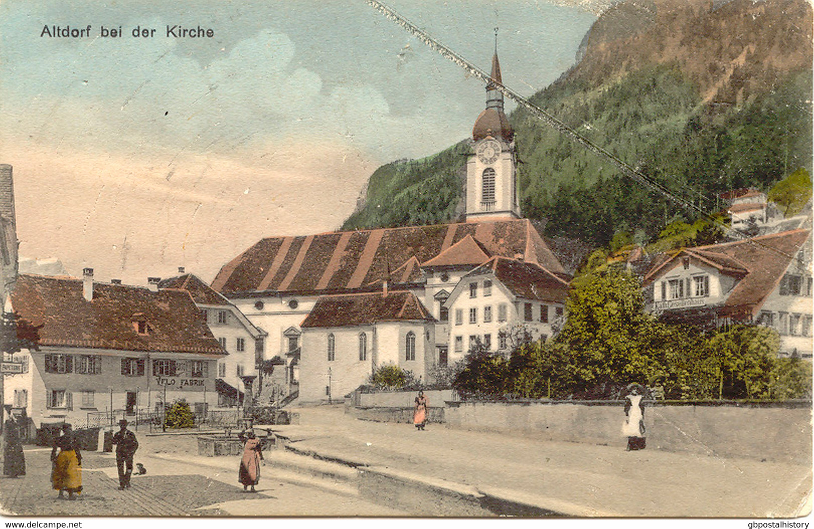 ALTDORF Schweiz (Kanton Uri), Ca. 1910 Ungebr. Farbige AK Bei Der Kirche Mit Velo Fabrik, Mit Papierfalte - Enorm Selten - Altdorf