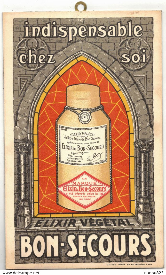 ILLUSTRATEUR MERLE LYON PLAQUE PUBLICITAIRE MURALE CARTON ELIXIR BON SECOURS INDISPENSABLE CHEZ SOI MEDECINE PHARMACIE - Plaques En Carton