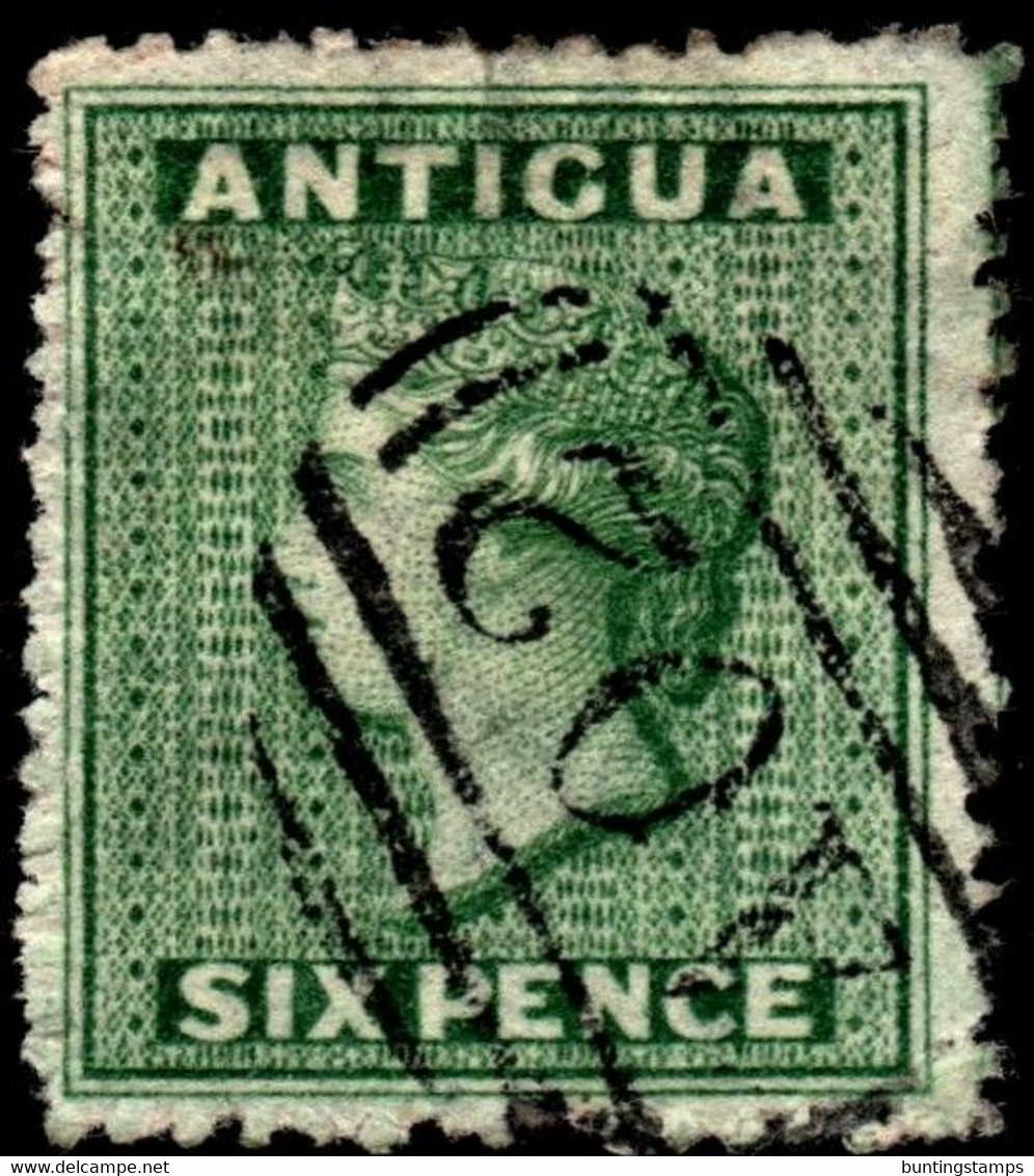 Antigua 1863 SG 8  6d Green  Wmk Small Star    Rough Perf 14 To 16   Used A02 Cancel - 1858-1960 Crown Colony