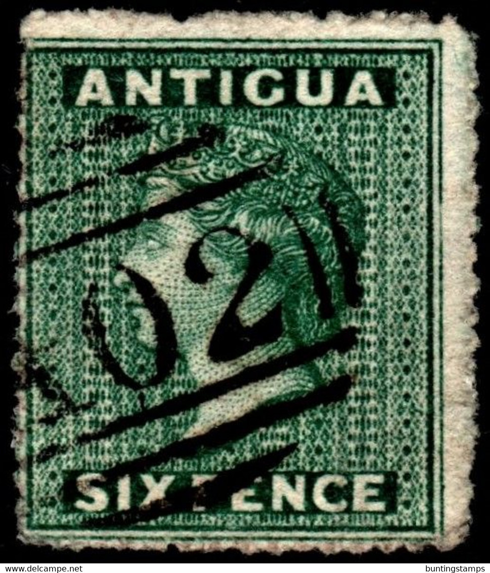 Antigua 1863 SG 9  6d Dark Green  Wmk Small Star    Rough Perf 14 To 16   Used A02 Cancel - 1858-1960 Colonie Britannique