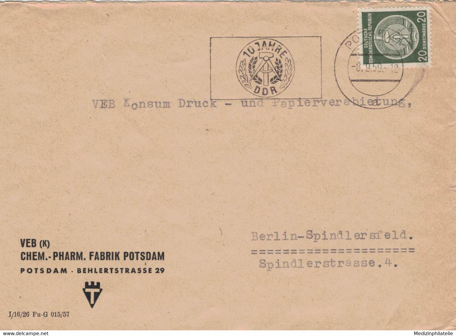 DDR VEB (K) CHEMISCH-PHARMAZEUTISCHE FABRIK POTSDAM 1959 - 10 Jahre DDR Dienstmarke - Pharmacy