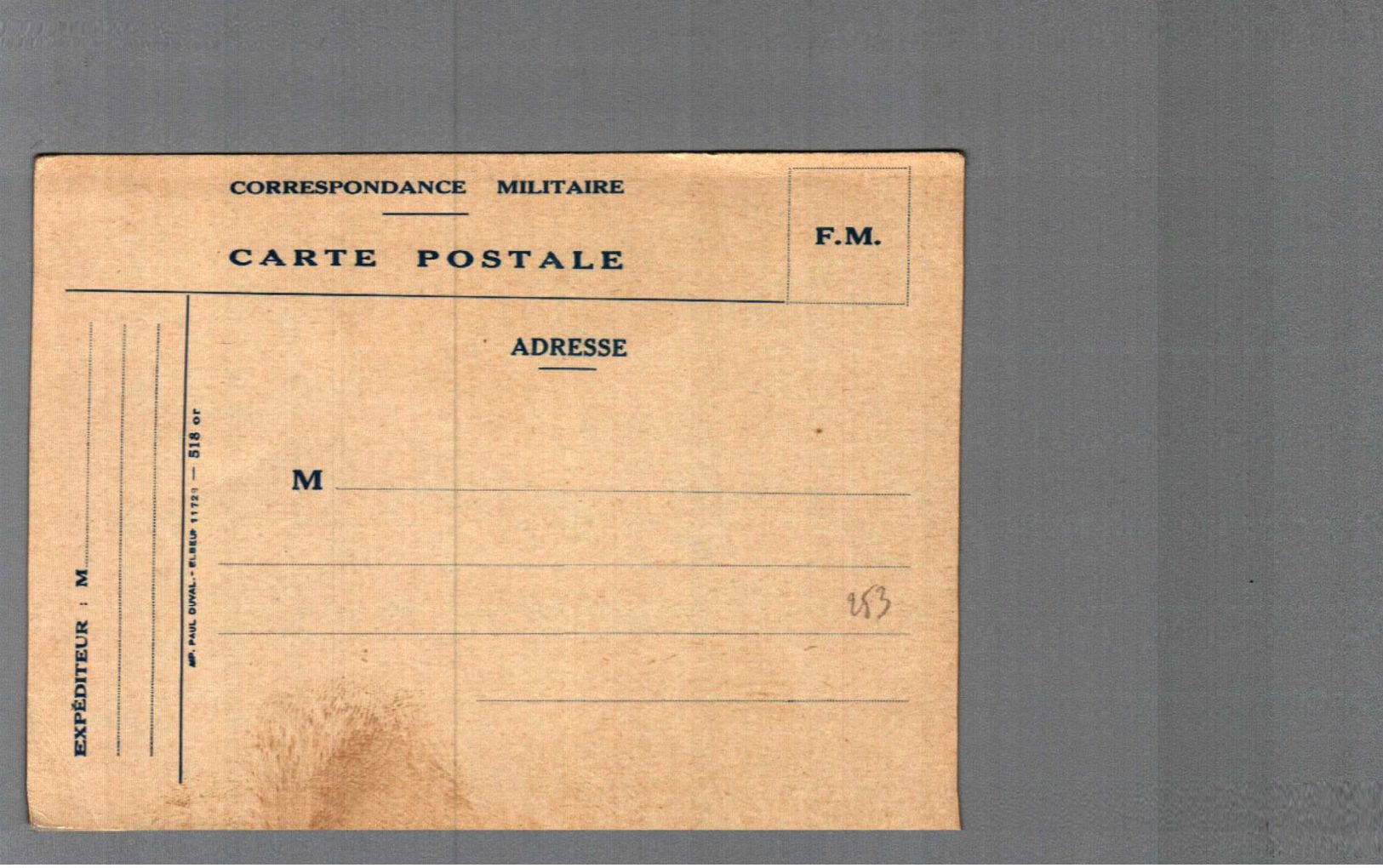 Carte De FRANCHISE MILITAIRE éditée Par PAUL DUVAL à ELBEUF - WW II