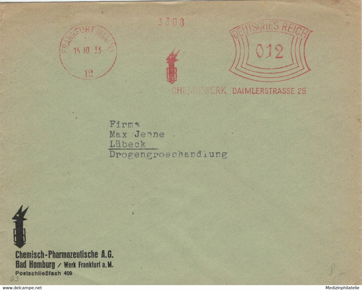 [A5] Chemisch Pharmazeutische AG Bad Homburg Werk Frankfurt 1933 - Francotyp A - 3308 - Pharmacy