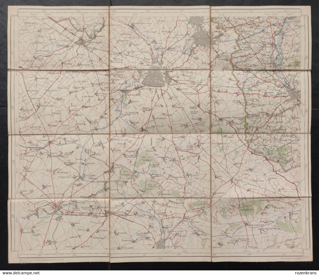 Carte Topographique Toilée Militaire STAFKAART 1912 Tournai Roubaix Lille Armentieres Lens Douai - Cartes Topographiques