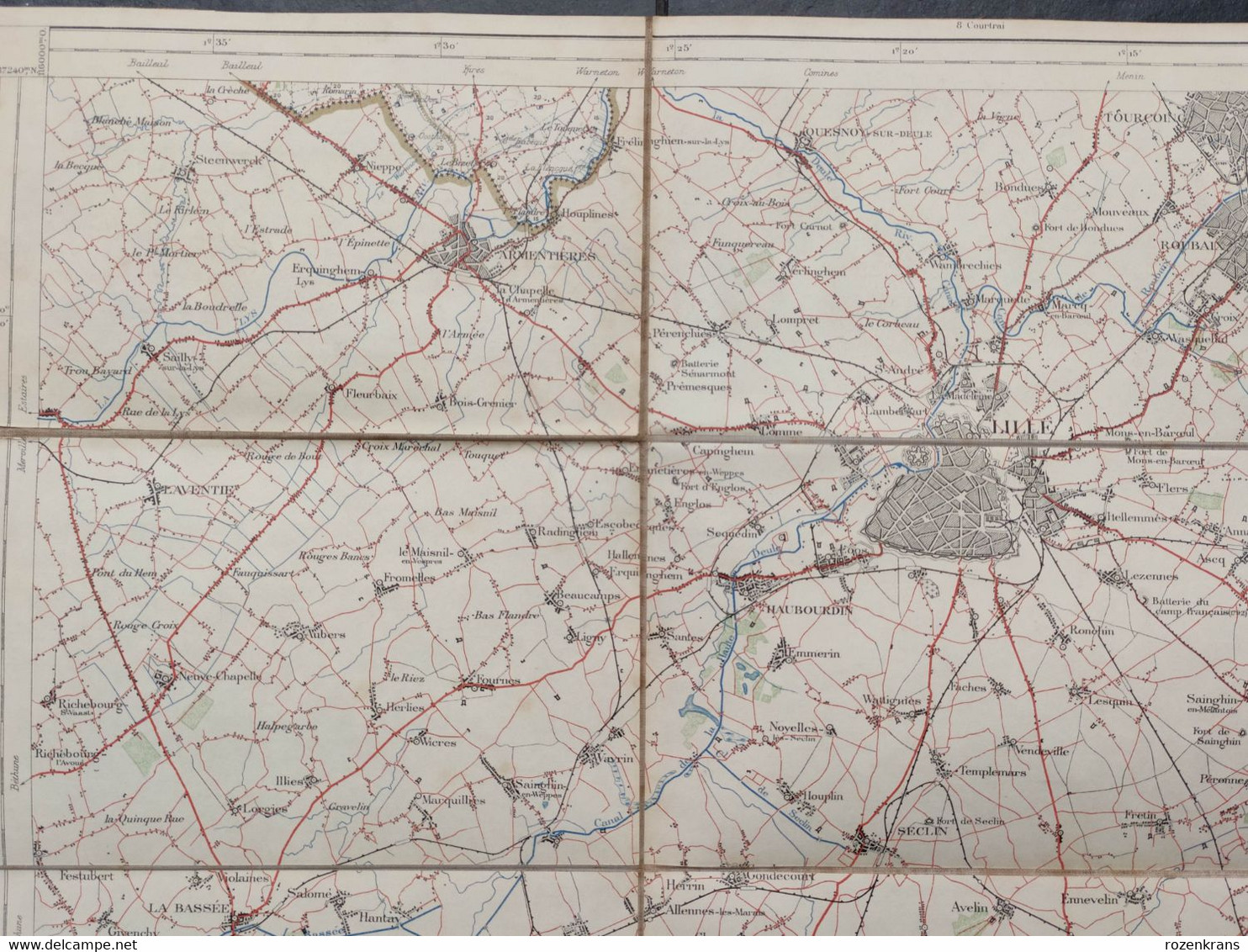 Carte topographique toilée militaire STAFKAART 1912 Tournai Roubaix Lille Armentieres Lens Douai