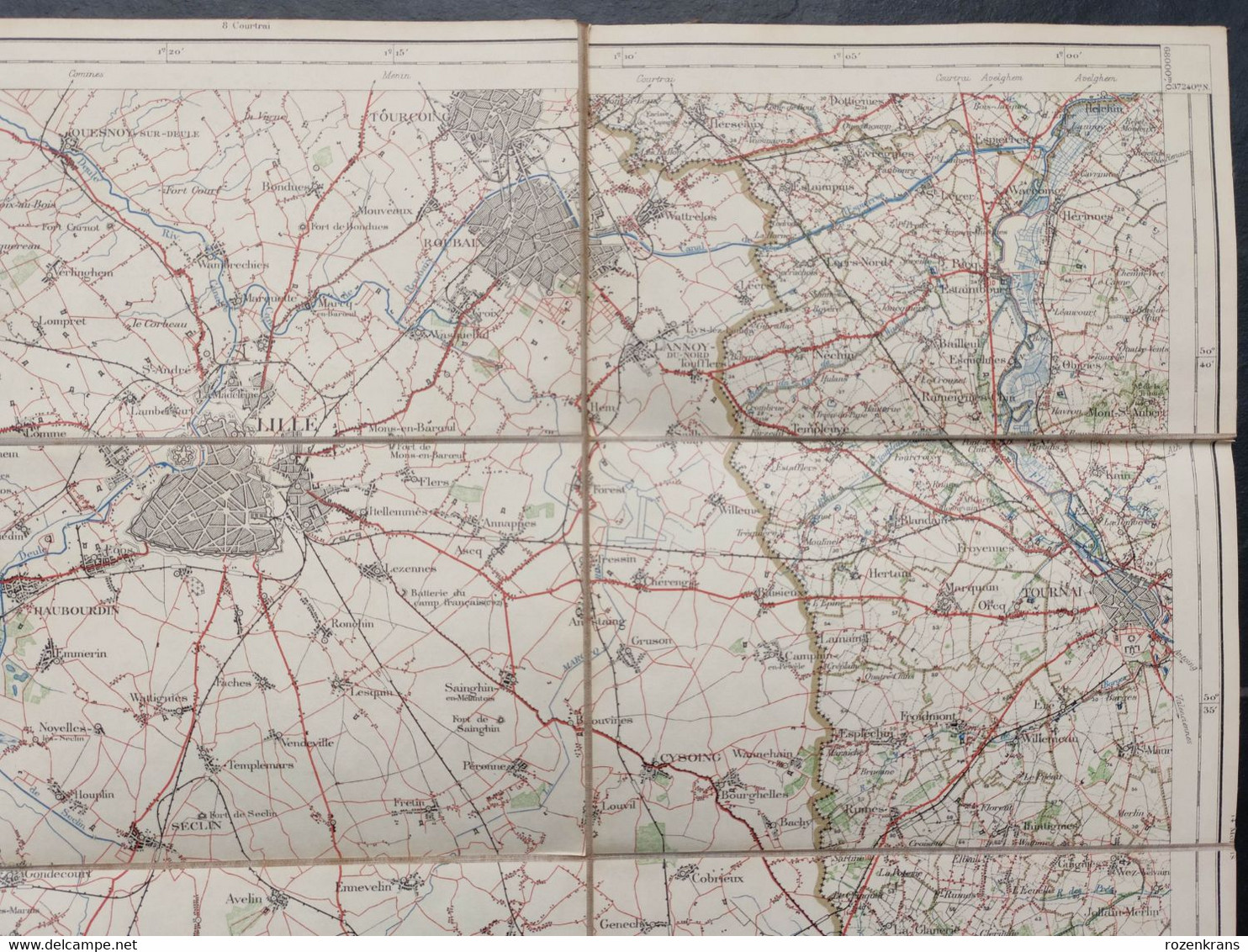 Carte topographique toilée militaire STAFKAART 1912 Tournai Roubaix Lille Armentieres Lens Douai