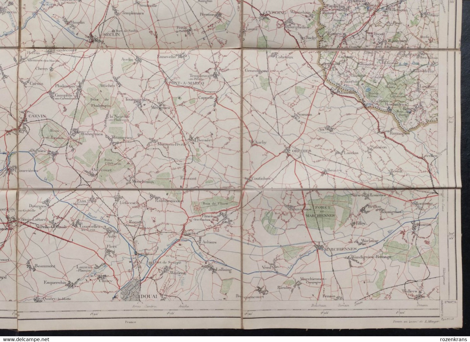 Carte topographique toilée militaire STAFKAART 1912 Tournai Roubaix Lille Armentieres Lens Douai