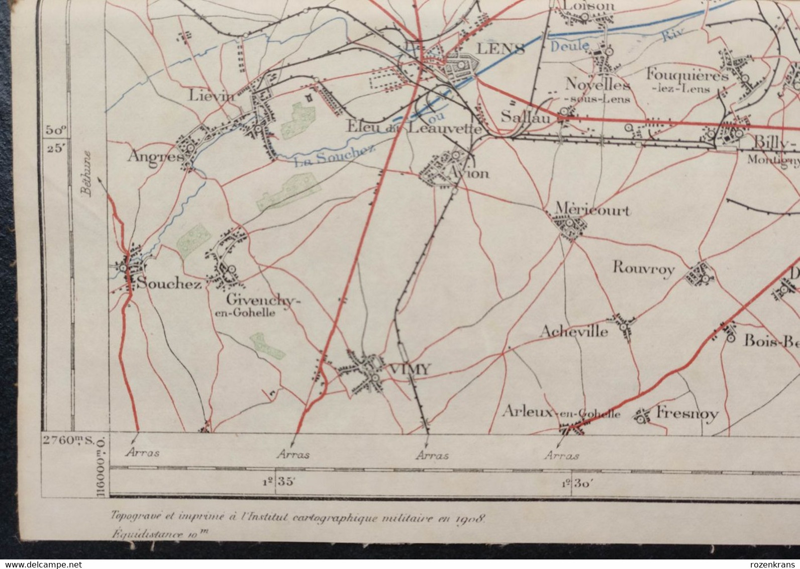 Carte topographique toilée militaire STAFKAART 1912 Tournai Roubaix Lille Armentieres Lens Douai