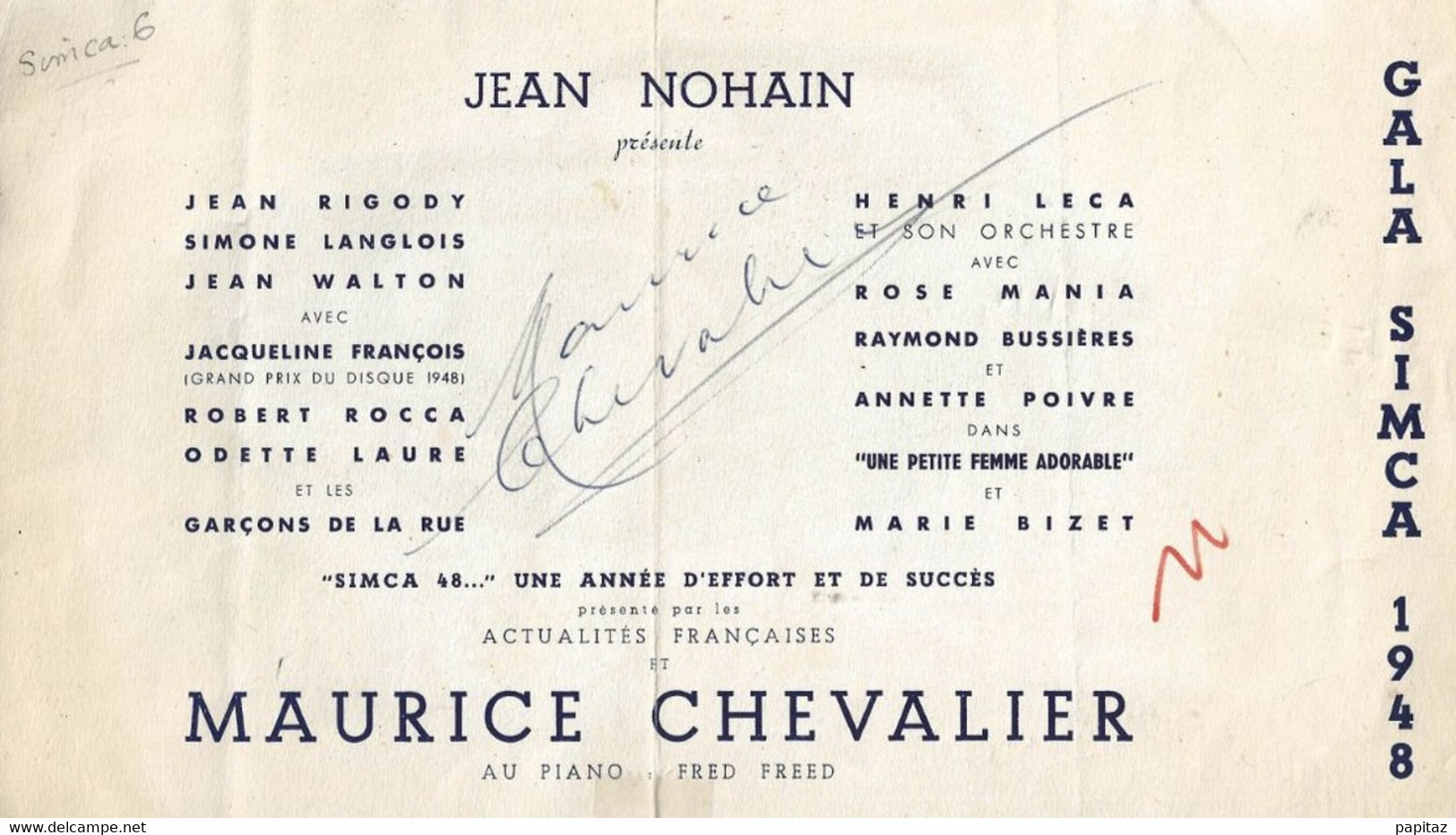 AUTOGRAPHE DE MAURICE CHEVALIER SUR PUB SIMCA - Other & Unclassified