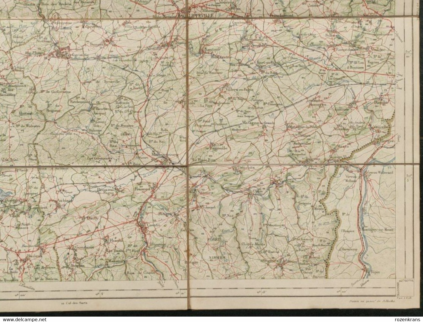 Carte topographique toilée militaire STAFKAART 1908 Thuin Florennes Philippeville Chimay Cerfontaine Beaumont Couvin