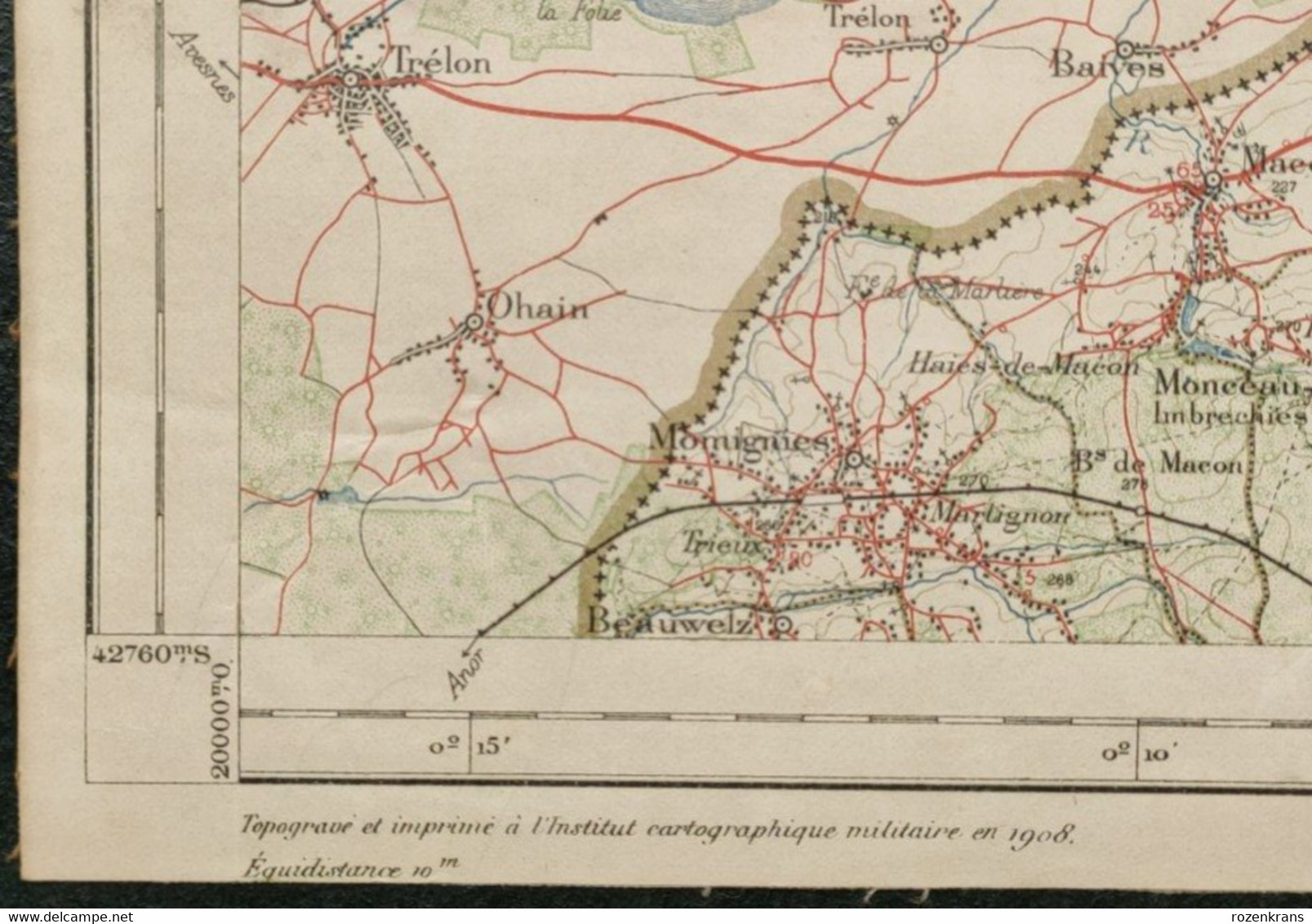 Carte topographique toilée militaire STAFKAART 1908 Thuin Florennes Philippeville Chimay Cerfontaine Beaumont Couvin