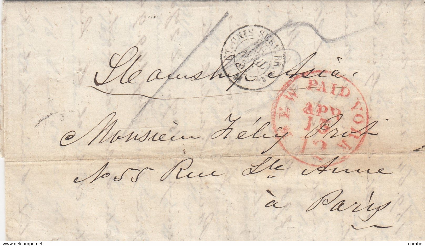 COVER. 13 APR 1857. W.A. KRIMILLY NEW-YORK TO PARIS. RED CIRCULAR PAID. FRANCE ENTREE ETAT-UNIS SERV. BR.A.C.  M - …-1845 Préphilatélie