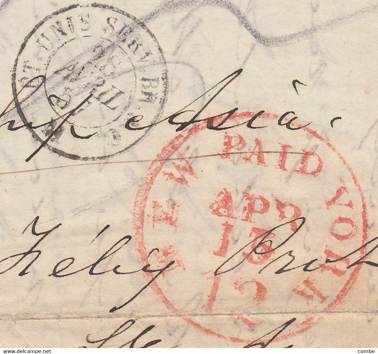 COVER. 13 APR 1857. W.A. KRIMILLY NEW-YORK TO PARIS. RED CIRCULAR PAID. FRANCE ENTREE ETAT-UNIS SERV. BR.A.C.  M - …-1845 Voorfilatelie