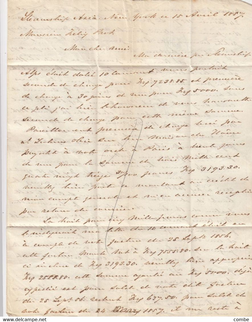 COVER. 13 APR 1857. W.A. KRIMILLY NEW-YORK TO PARIS. RED CIRCULAR PAID. FRANCE ENTREE ETAT-UNIS SERV. BR.A.C.  M - …-1845 Prefilatelia