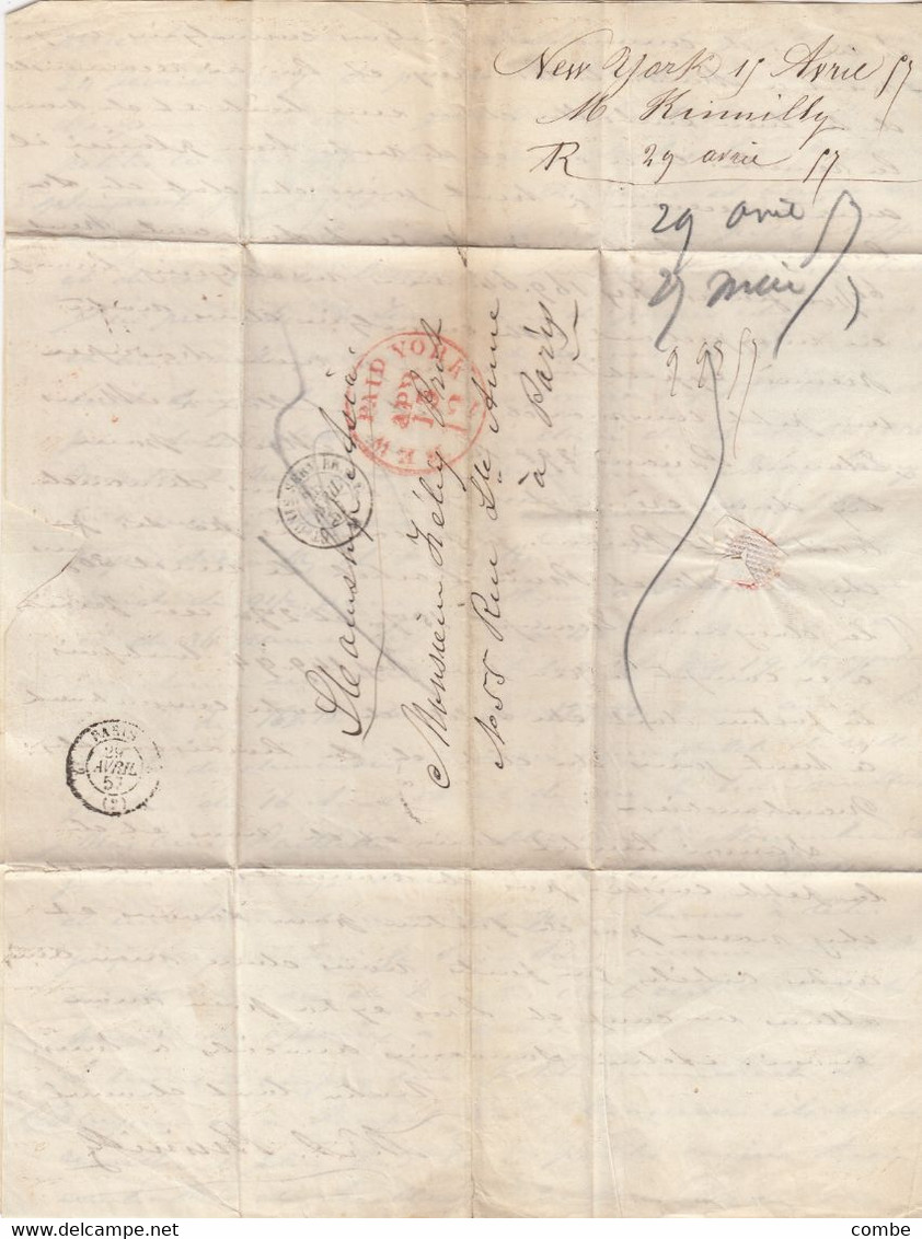 COVER. 13 APR 1857. W.A. KRIMILLY NEW-YORK TO PARIS. RED CIRCULAR PAID. FRANCE ENTREE ETAT-UNIS SERV. BR.A.C.  M