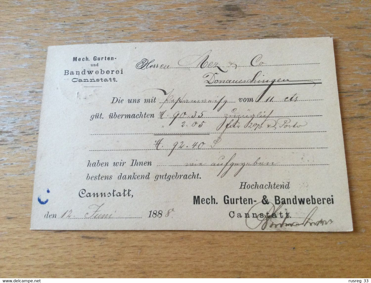 K15 Württemberg Ganzsache Stationery Entier Postal P 26a Mit Zudruck Von Cannstatt Nach Donaueschingen - Andere & Zonder Classificatie