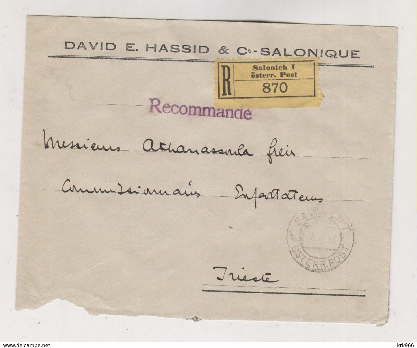 GREECE 1913 AUSTRIA Post Office  SALONIQUE SALONICH Nice Registered Cover To Trieste Italy Austria - Briefe U. Dokumente
