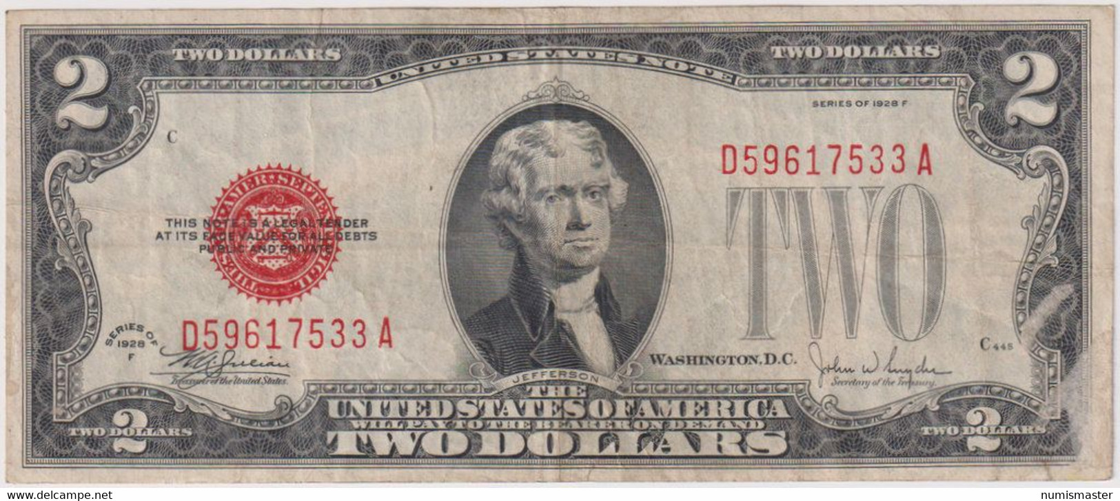 2 DOLLARS , U.S. NOTE SERIES 1928 F , RED SEAL - Billetes De Estados Unidos (1928-1953)