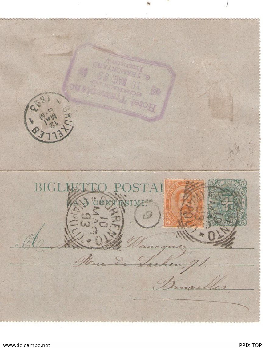 REF3330/ Italy-Italia Postal Stationery (Biglietto Postale) C.Sorrento-Napoli 1893 HOTEL TRANMONTANO > Belgium Brussels - Postwaardestukken