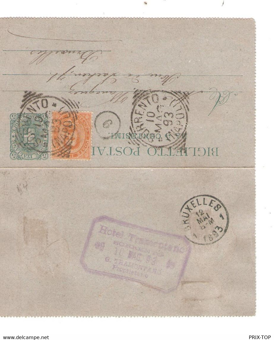 REF3330/ Italy-Italia Postal Stationery (Biglietto Postale) C.Sorrento-Napoli 1893 HOTEL TRANMONTANO > Belgium Brussels - Entero Postal