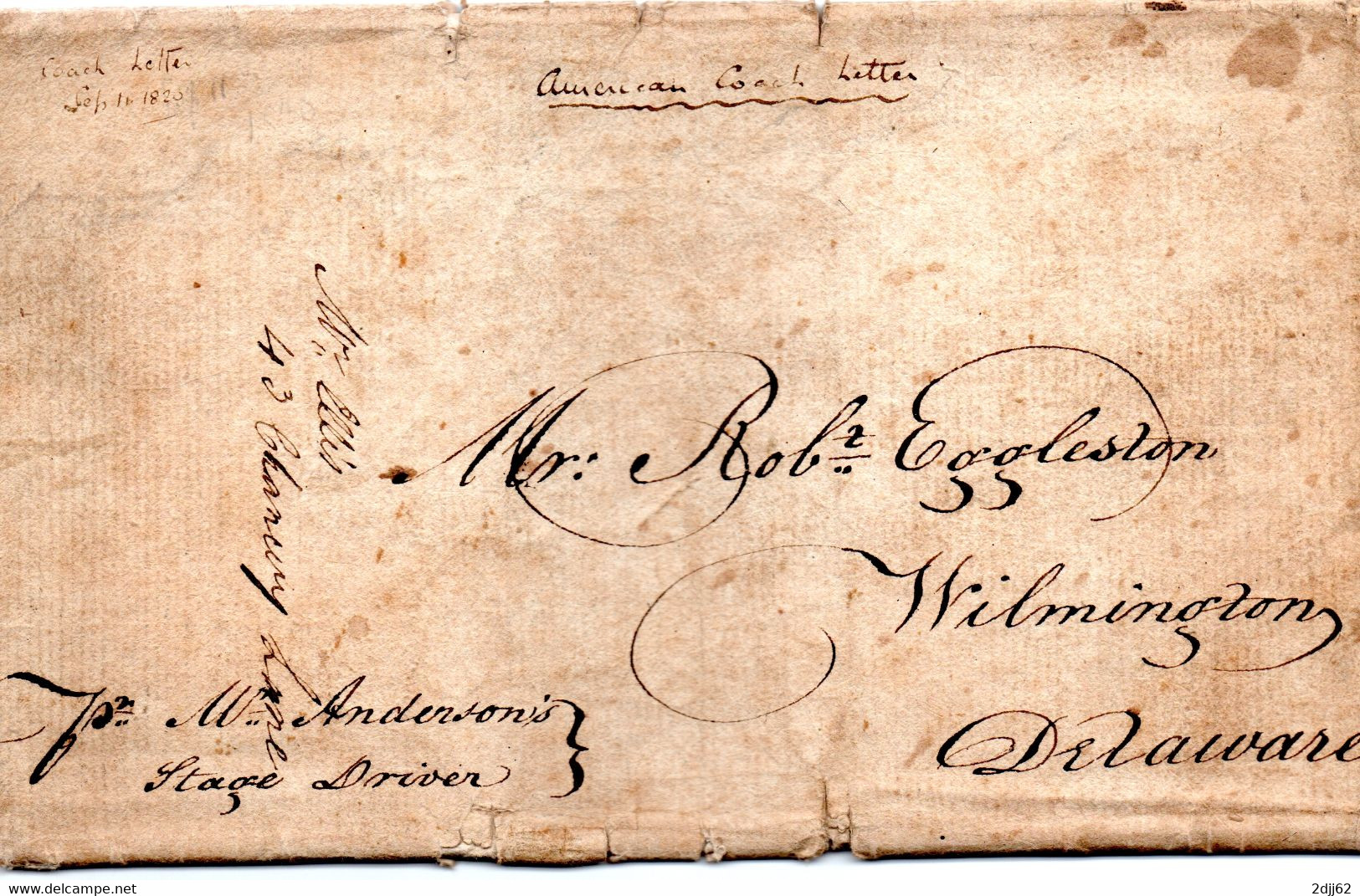 Cheval, Diligence, "American Coach Letter", 16 Sept 1820, Pour Wilmington (Delaware) - Stati Uniti