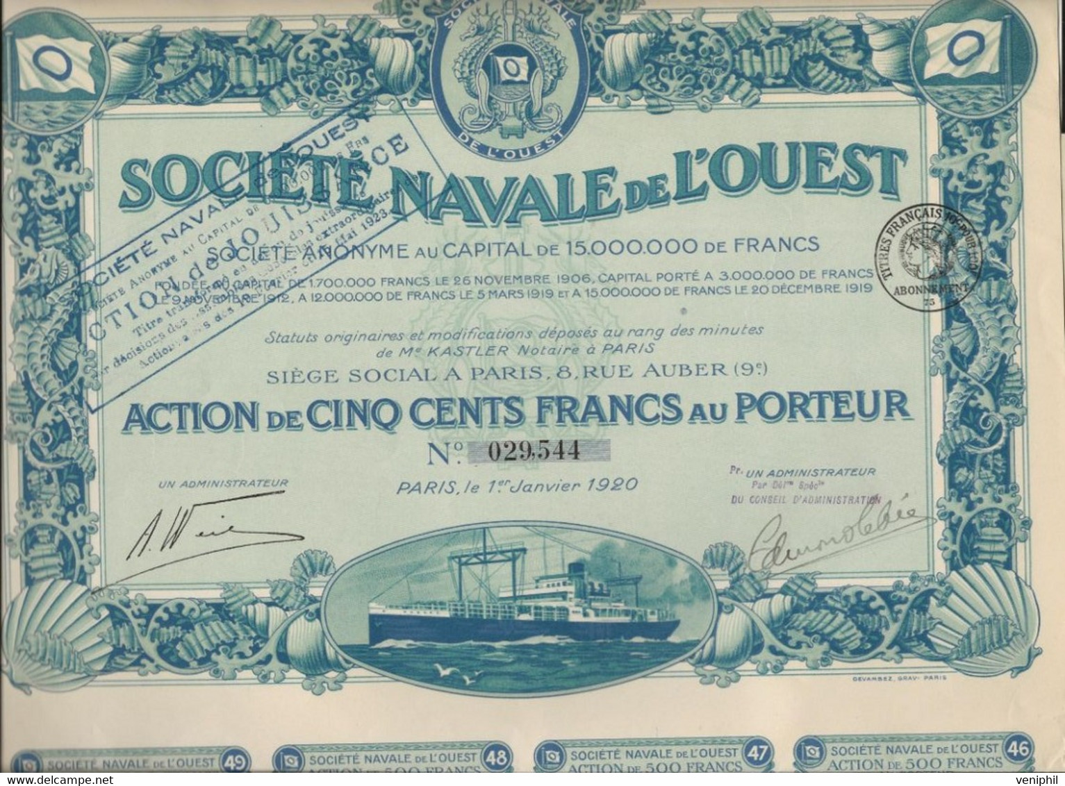 SOCIETE NAVALE DE L'OUEST - ACTION DE CINQ CENT FRANCS - ANNEE 1920 - Scheepsverkeer