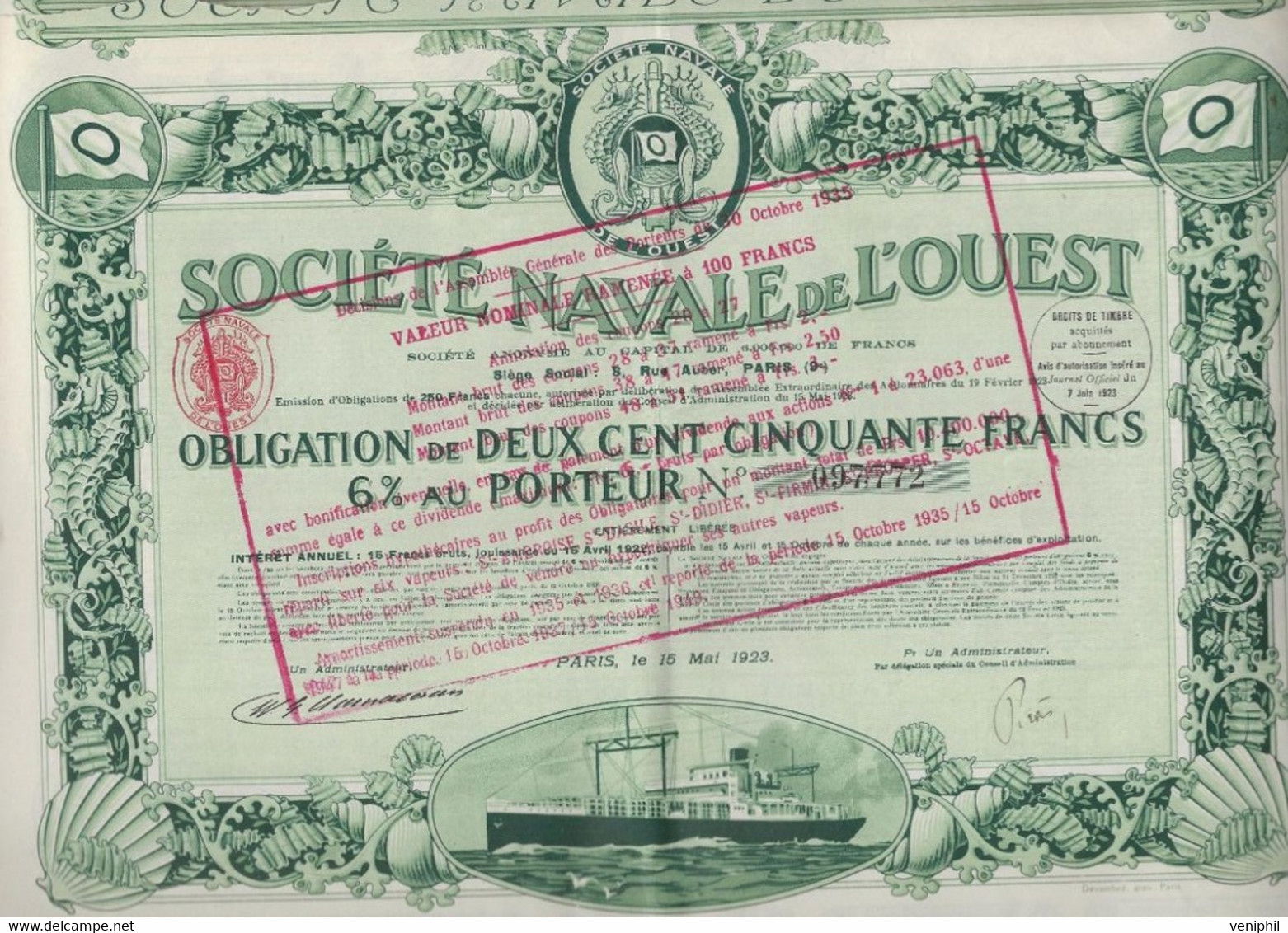 SOCIETE NAVALE DE L'OUEST -  OBLIGATION DE 250 FRS 6% AU PORTEUR - ANNEE 1923 - Schiffahrt