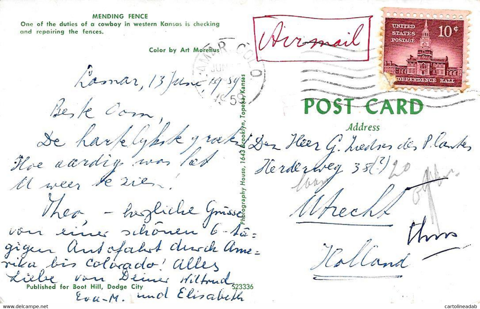 [DC12511] CPA - KANSAS - MENDING FENCE - Viaggiata 1959 - Old Postcard - Autres & Non Classés