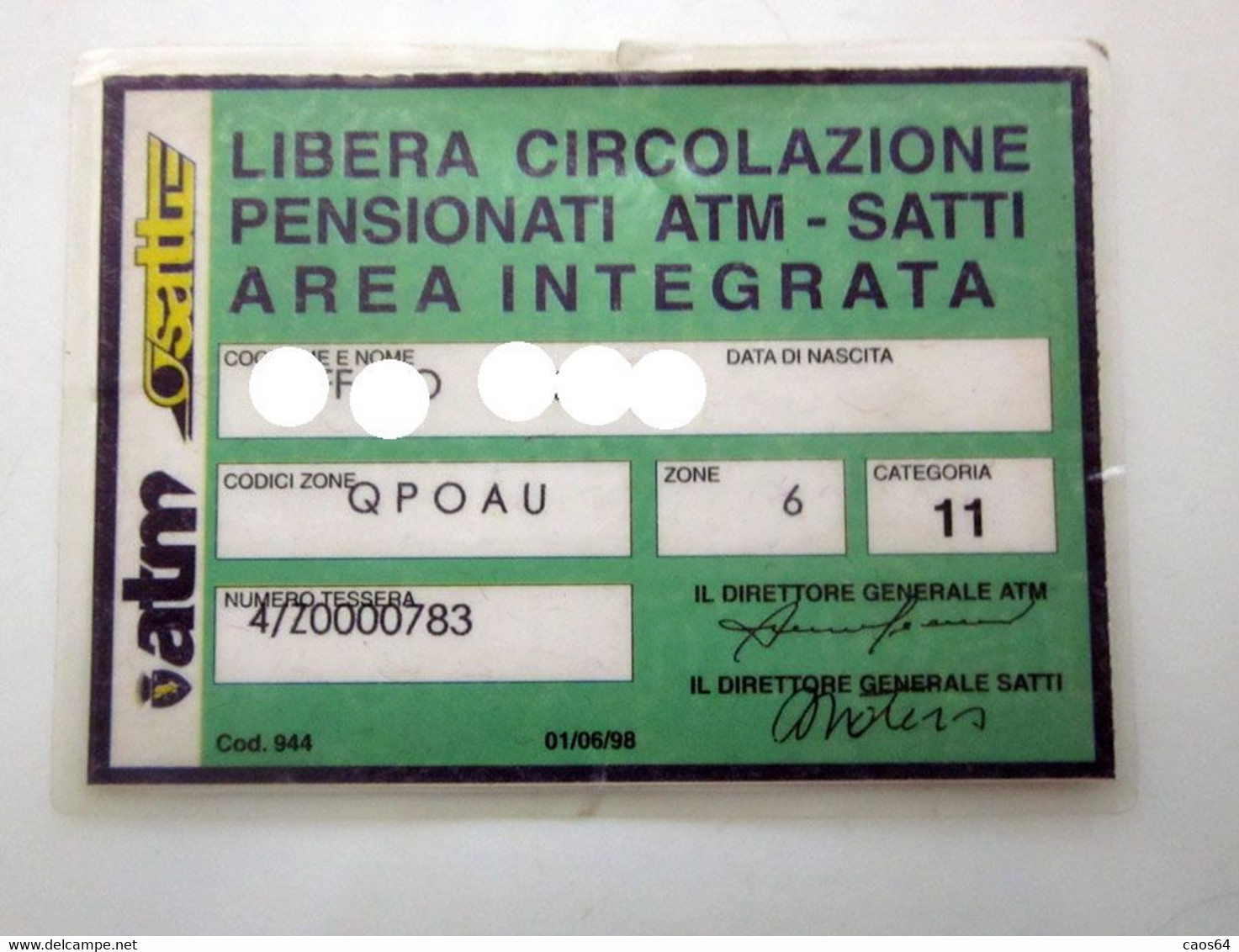 Libera Circolazione Pensionati ATM - SATTI Torino  1998 - Lidmaatschapskaarten