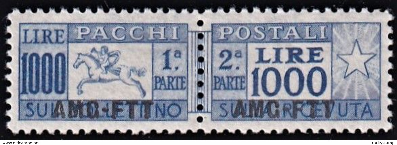 ITALIA REPUBBLICA 1954 TRIESTE AMG-FTT L.1000  PACCHI POSTALI SASS. N.26/I SPLENDIDO OTTIMA CENTRATURA MNH CERT. CARRARO - Postal And Consigned Parcels