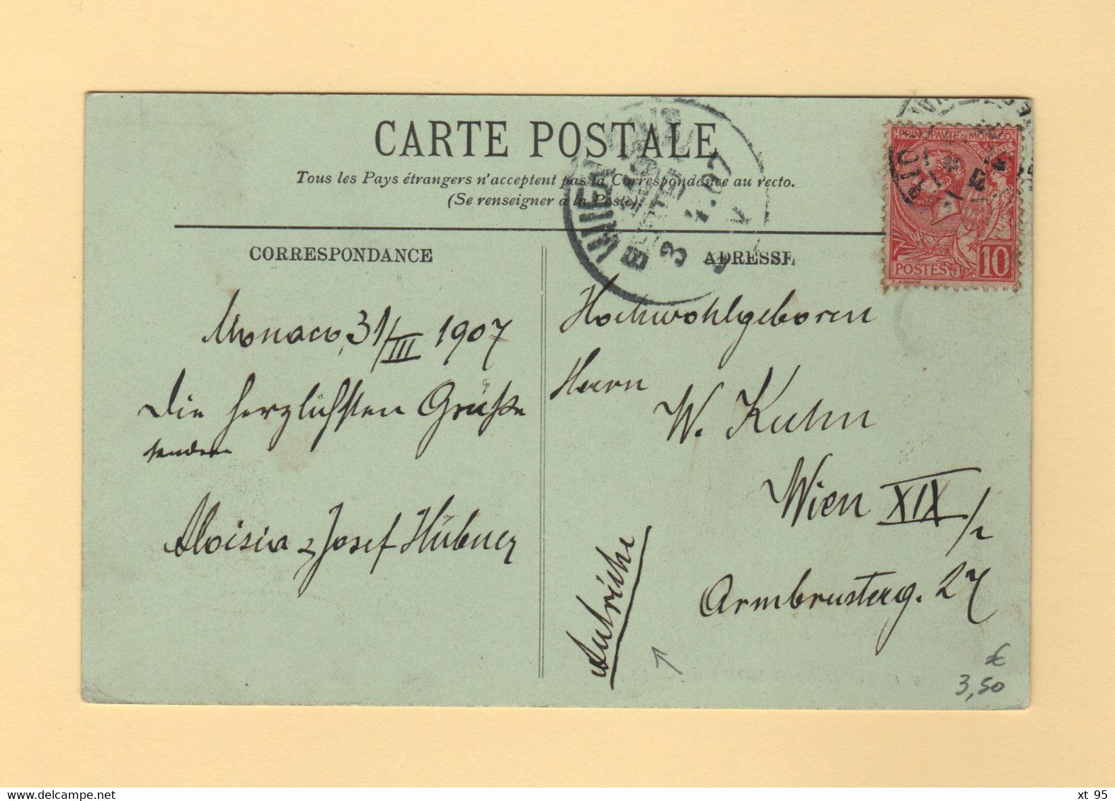 Monaco - Carte Postale Destination Autriche - 1907 - Briefe U. Dokumente