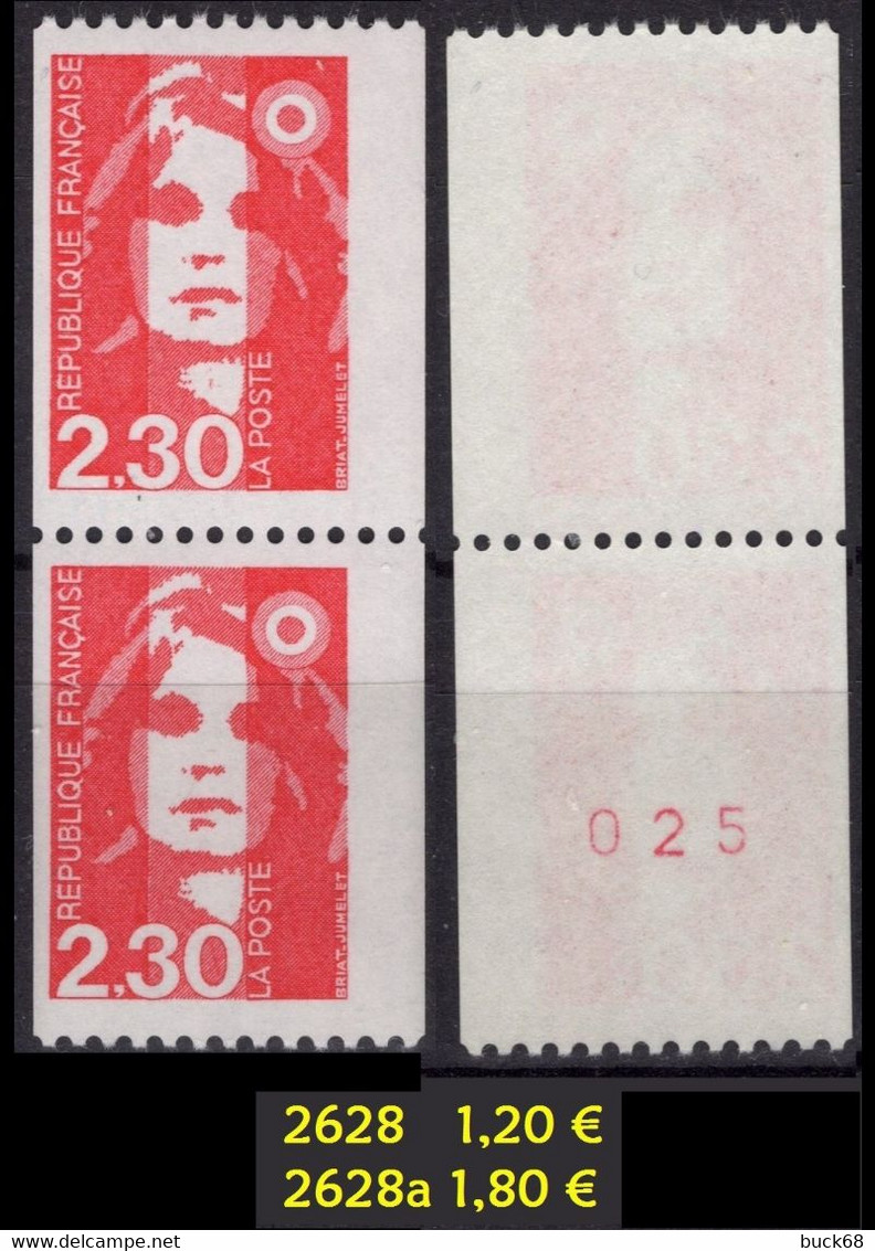 FRANCE 2628 Et 2628a ** MNH Paire Au Type Marianne Du Bicentenaire Avec N° Numéro Rouge Au Dos Roulette 1990 - Rollen