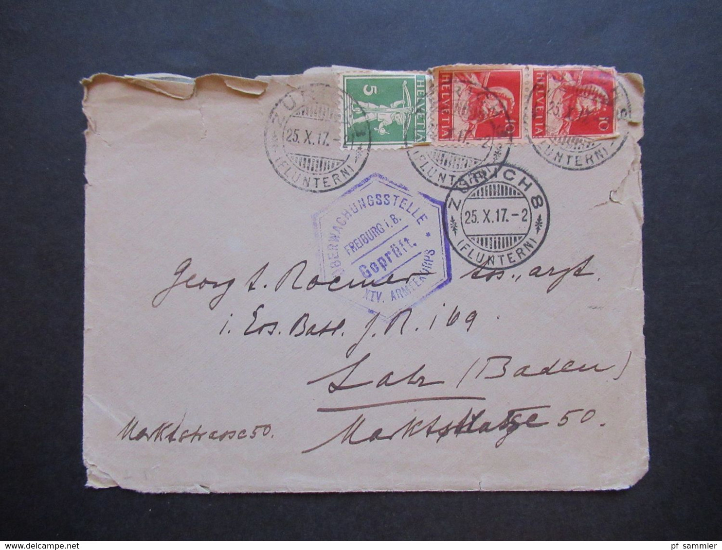 1917 Brief Mit Inhalt Von Zürich Fluntern - Lahr Zensurstempel Überwachunsstelle Freiburg I.B. Geprüft XIV. Armeekorps - Lettres & Documents
