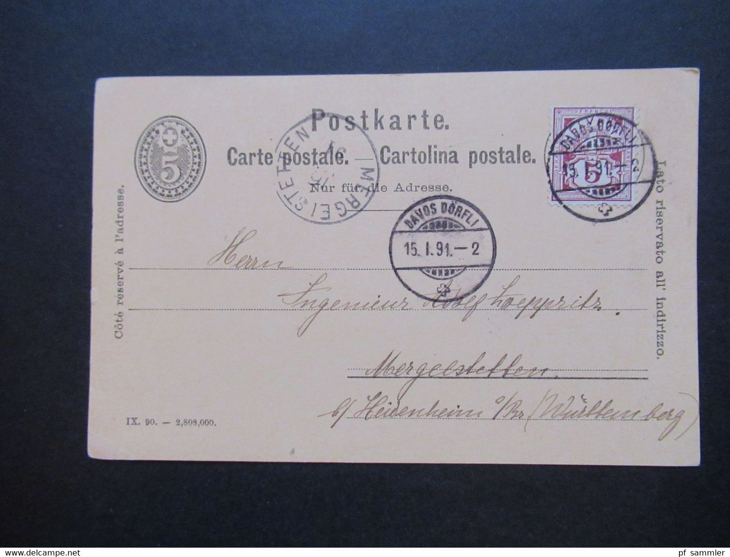 Schweiz 1891 Nr. 52 Als Zusatzfrankatur Auslandskarte Davos Dörfli - Mergelstetten Mit K1 Ank. Stempel - Cartas & Documentos
