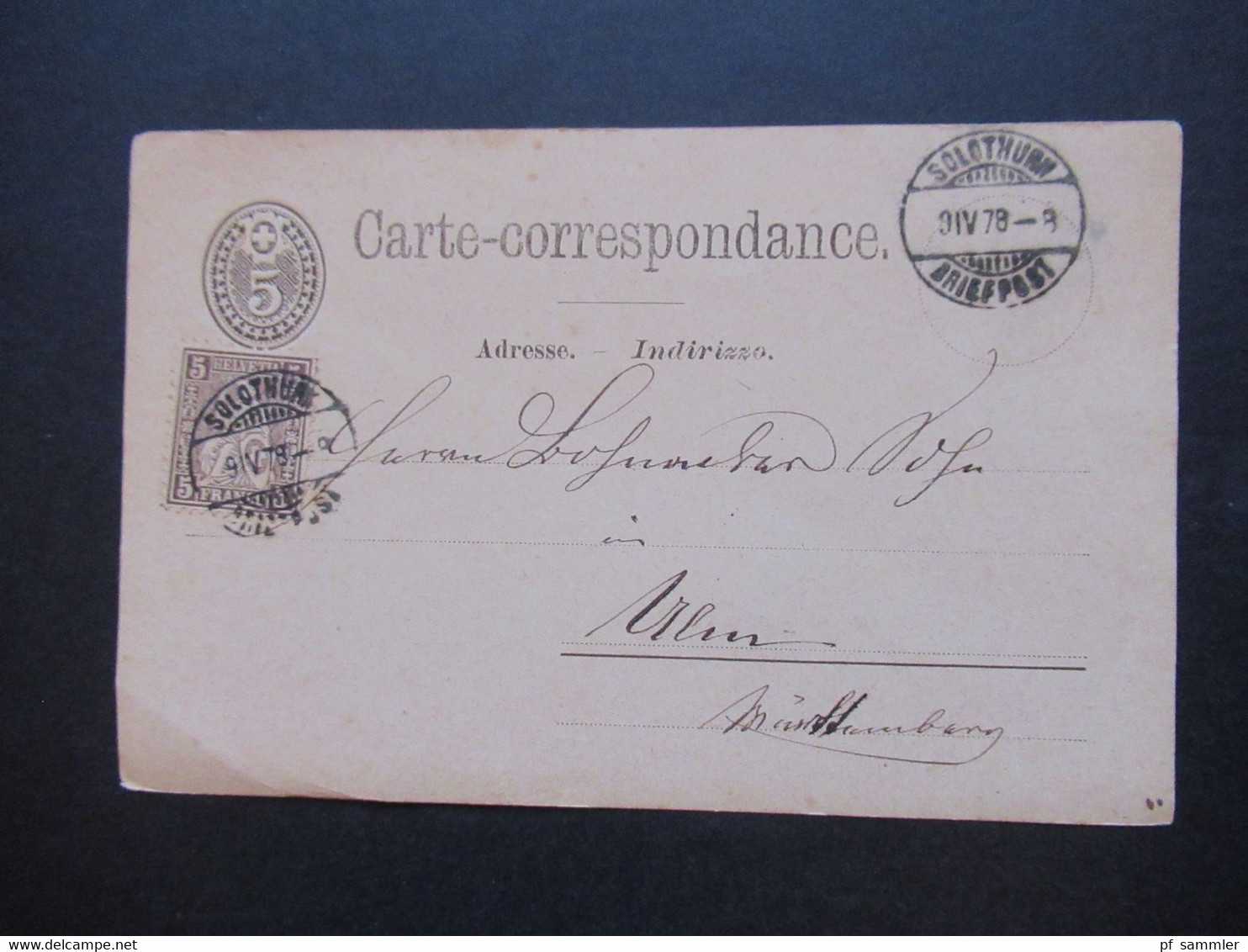 Schweiz 1878 Nr. 22 Als Zusatzfrankatur Auslandskarte Solothurn - Ulm Firmenstempel Fr. Wyss Handelsgärtner - Storia Postale