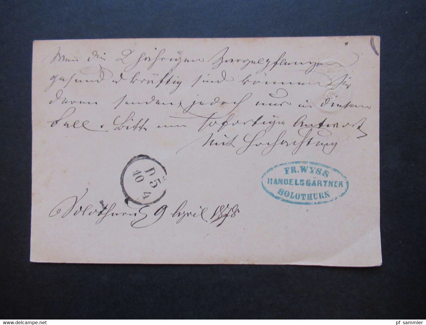 Schweiz 1878 Nr. 22 Als Zusatzfrankatur Auslandskarte Solothurn - Ulm Firmenstempel Fr. Wyss Handelsgärtner - Covers & Documents