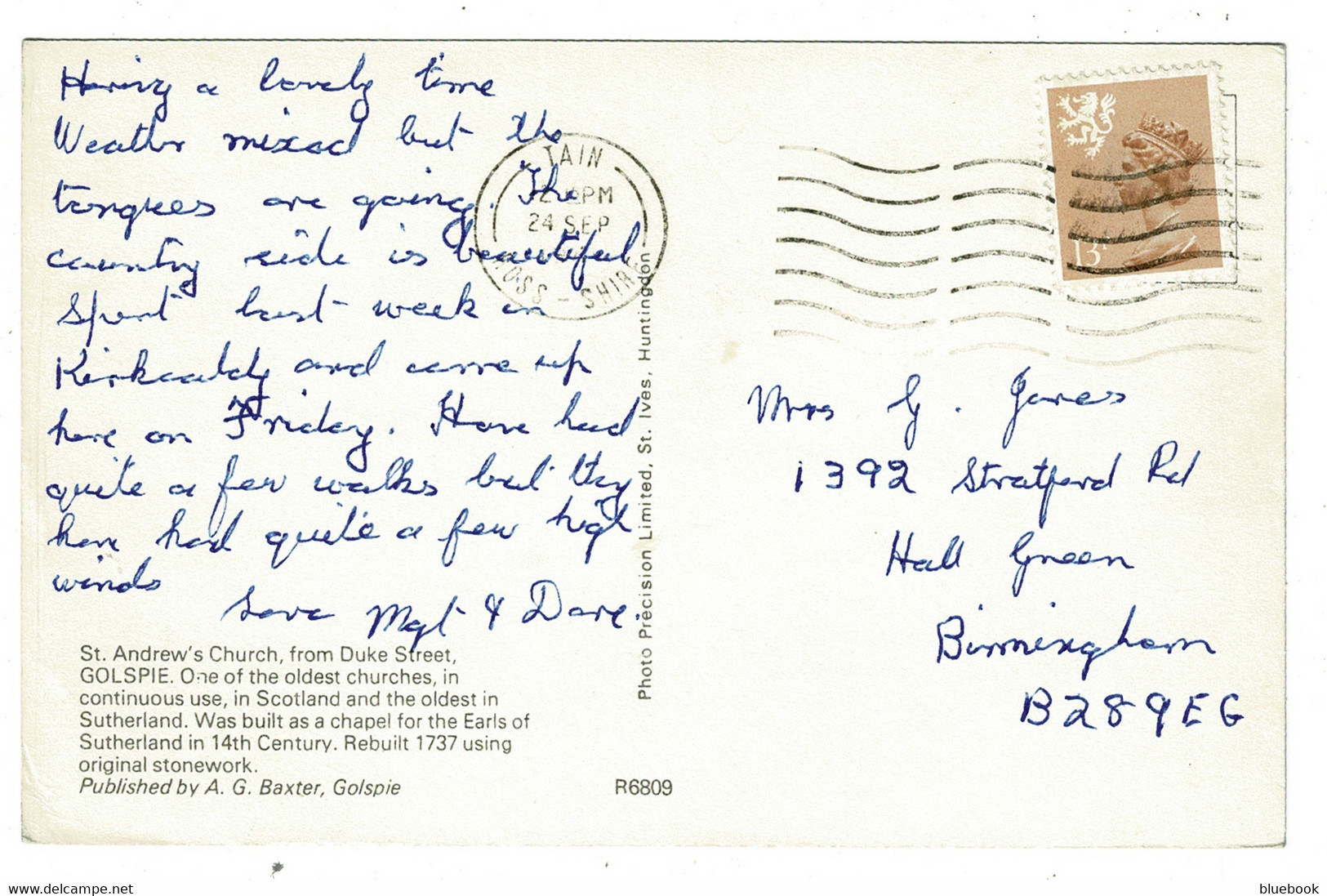 Ref 1460 - 1980's Postcard - St Andrew's Church Golspie - Sutherland Scotlnd - Sutherland