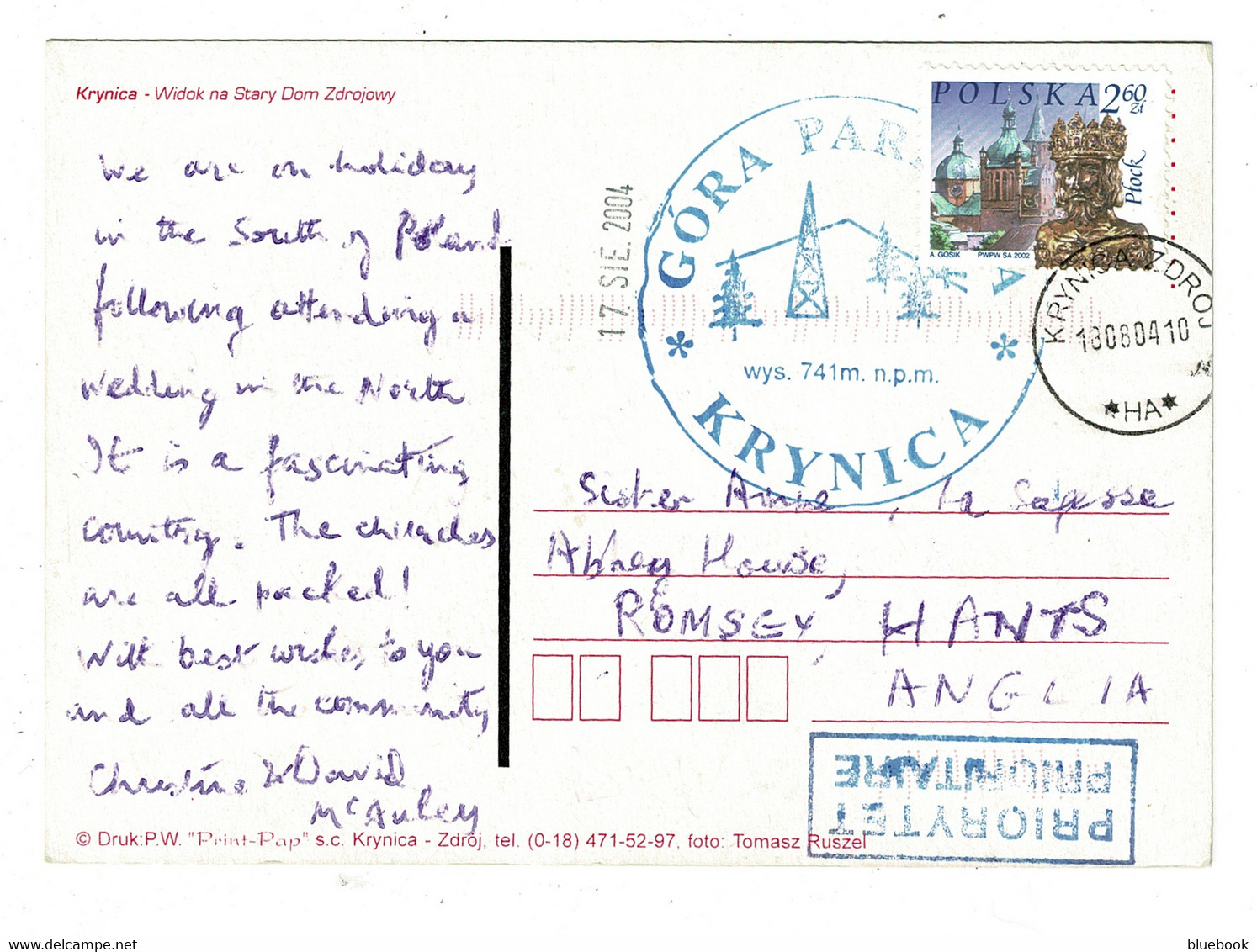 Ref 1462 - 2004 Postcard - Krynica Poland - 2.60zf Rate To Romsey  UK - Various Cachets & Postmarks - Brieven En Documenten