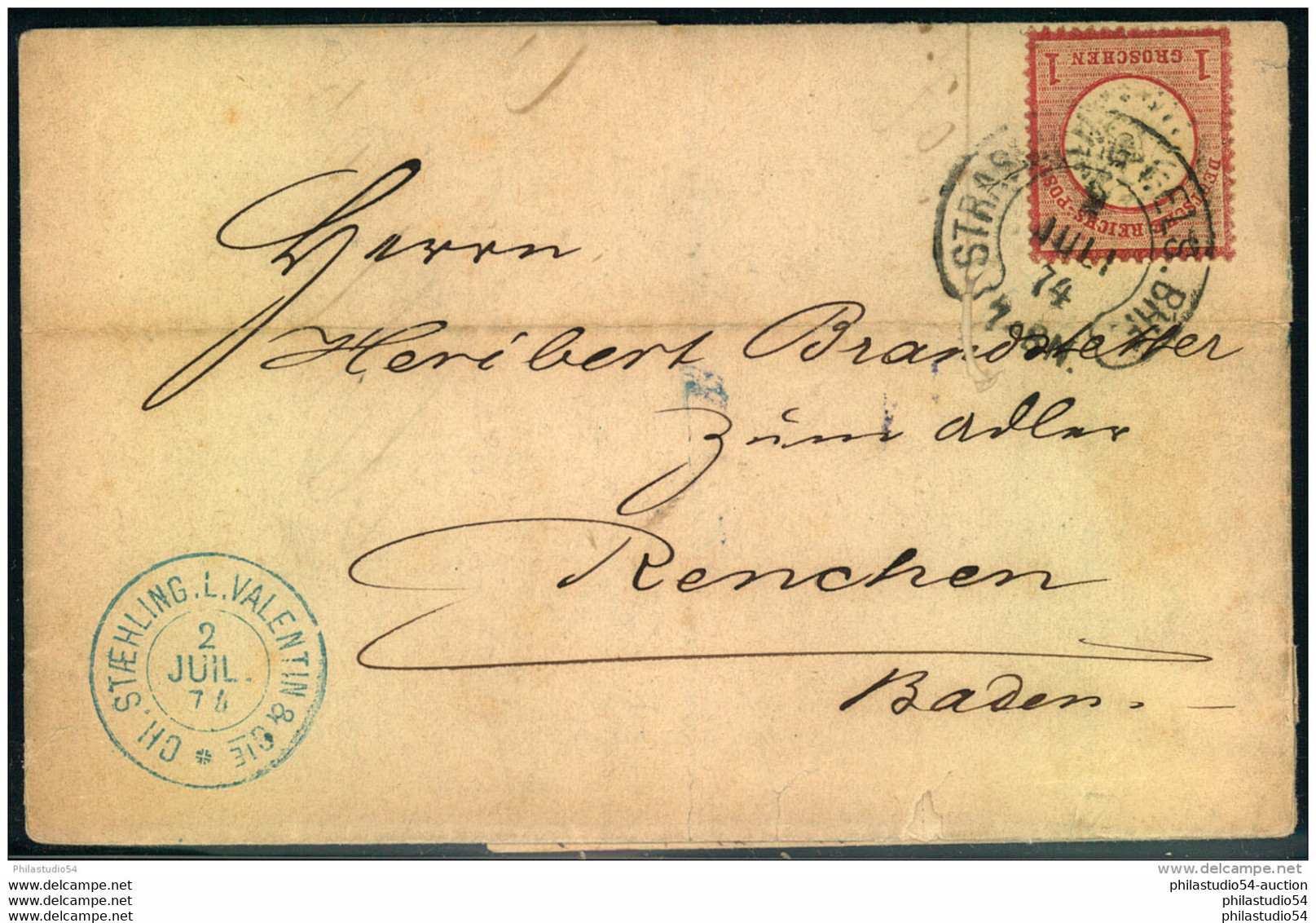 STRASSBURG I. ELS. BHF., 1874, Auf Faltbrief Nach Baden. - Macchine Per Obliterare (EMA)