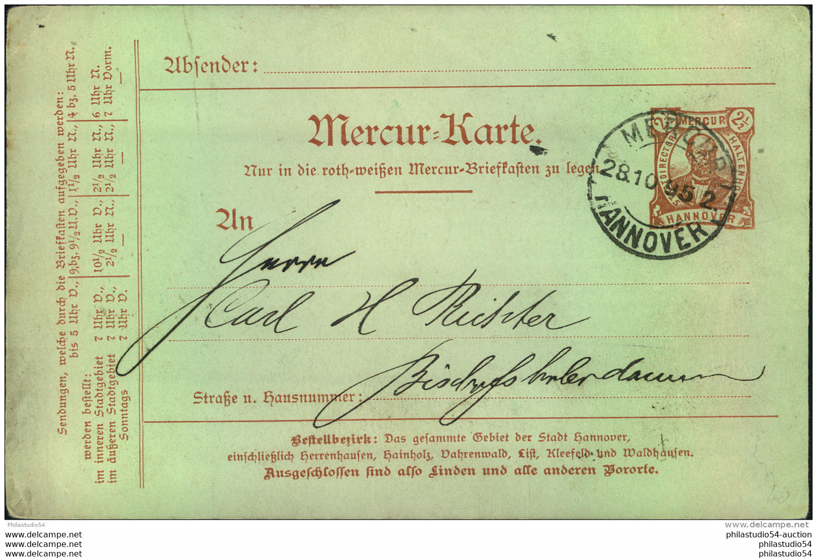 1895, MERCUR HANNOVER, 2 1/2 Pfg. Ganzsachenkarte Gebr. - Postes Privées & Locales