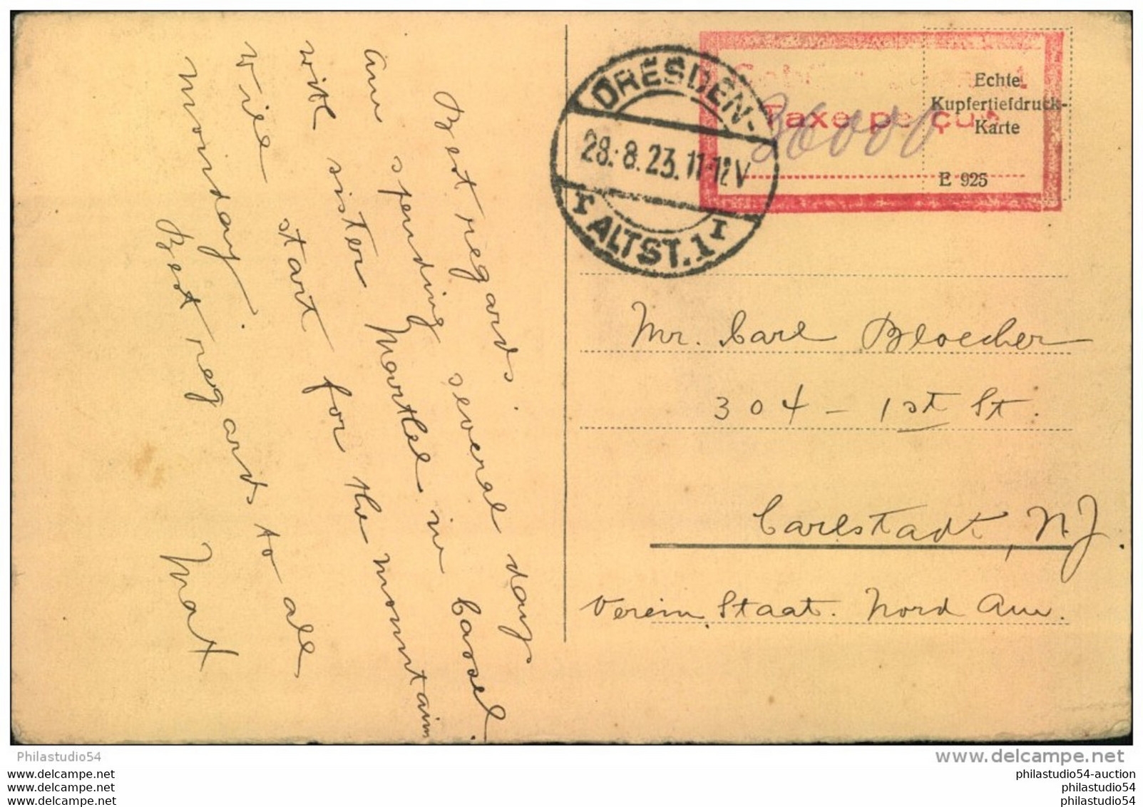 1923, Postkarte Ab DRESDEN ALTST. 1  28.8.23 Nach USA "Taxe Percue" - Other & Unclassified