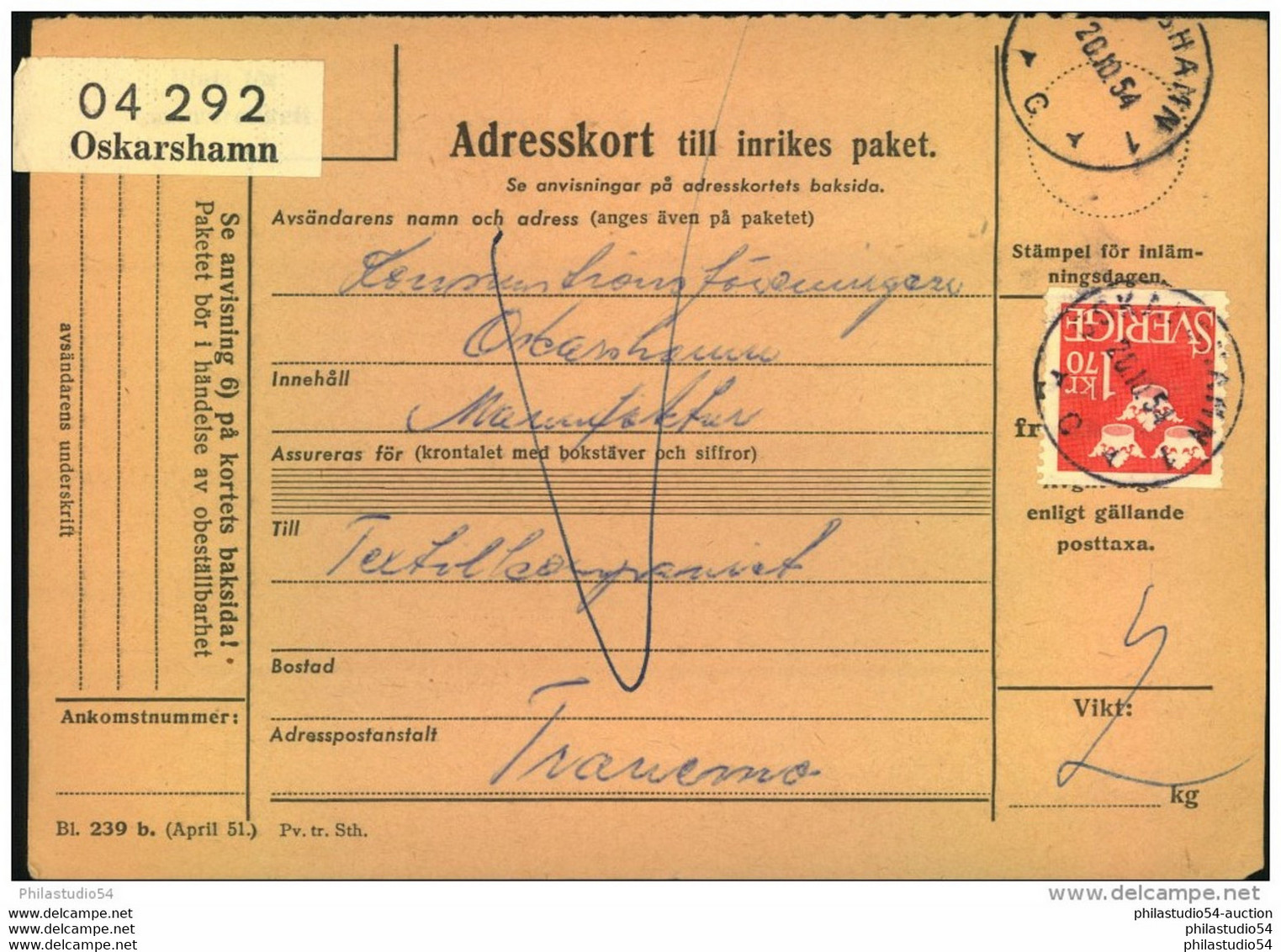 1954, Paketkarte, Parcel Card, Oskarshamn - Covers & Documents