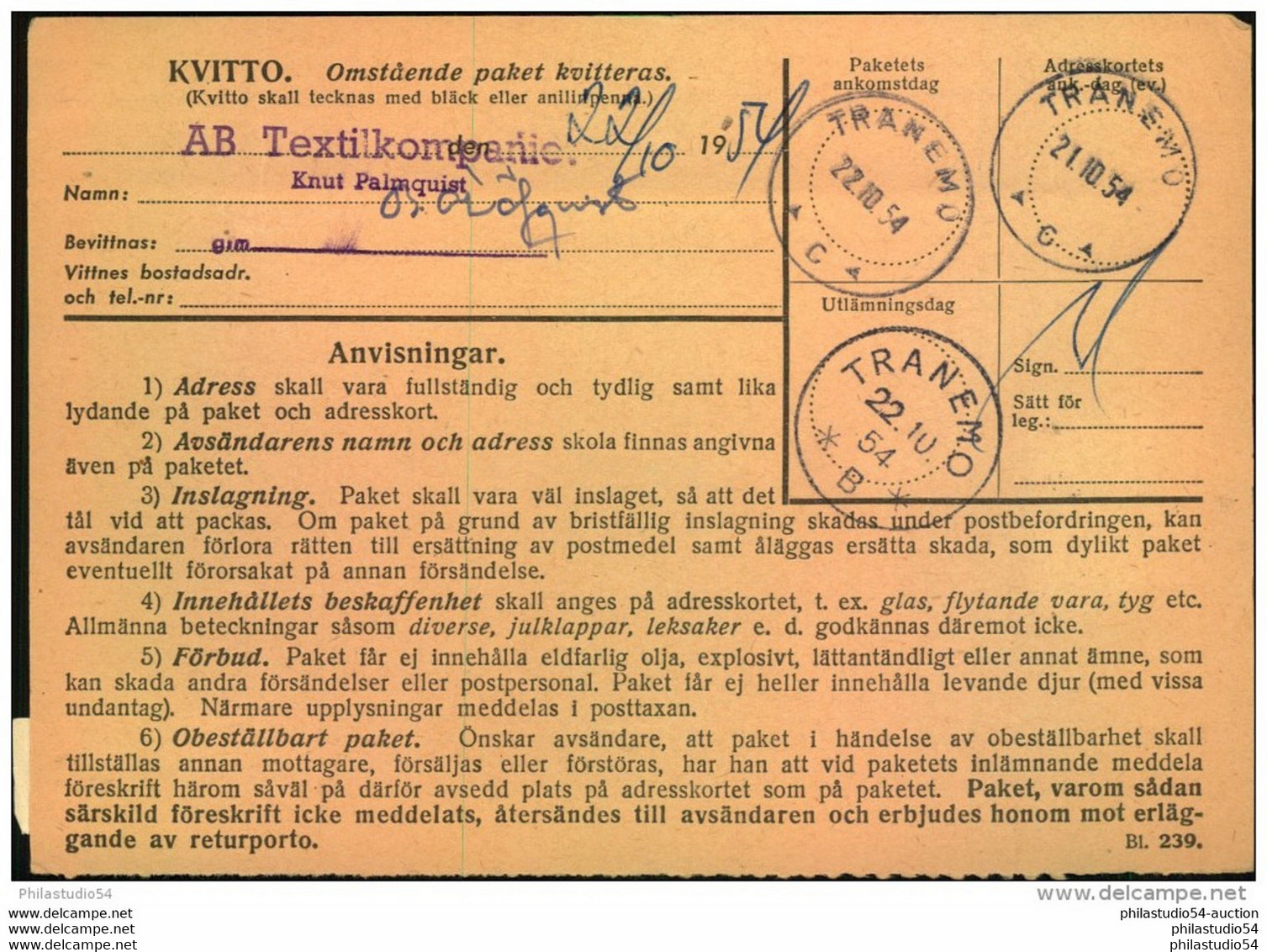 1954, Paketkarte, Parcel Card, Oskarshamn - Brieven En Documenten