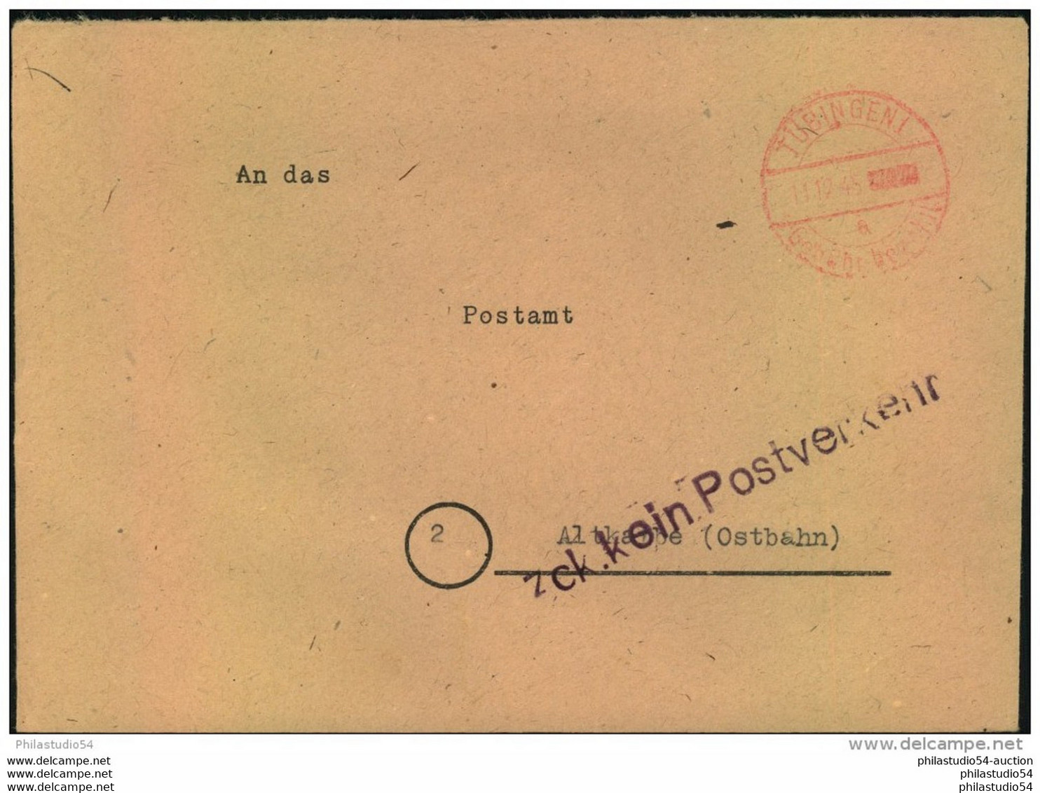 1945, Brief "Gebühr Bezahlt TÜBINGEN 11.12.45 Nach Altkarbe (Ostbahn) - "Zck. Kein Postverkehr" (Polen) - Otros & Sin Clasificación