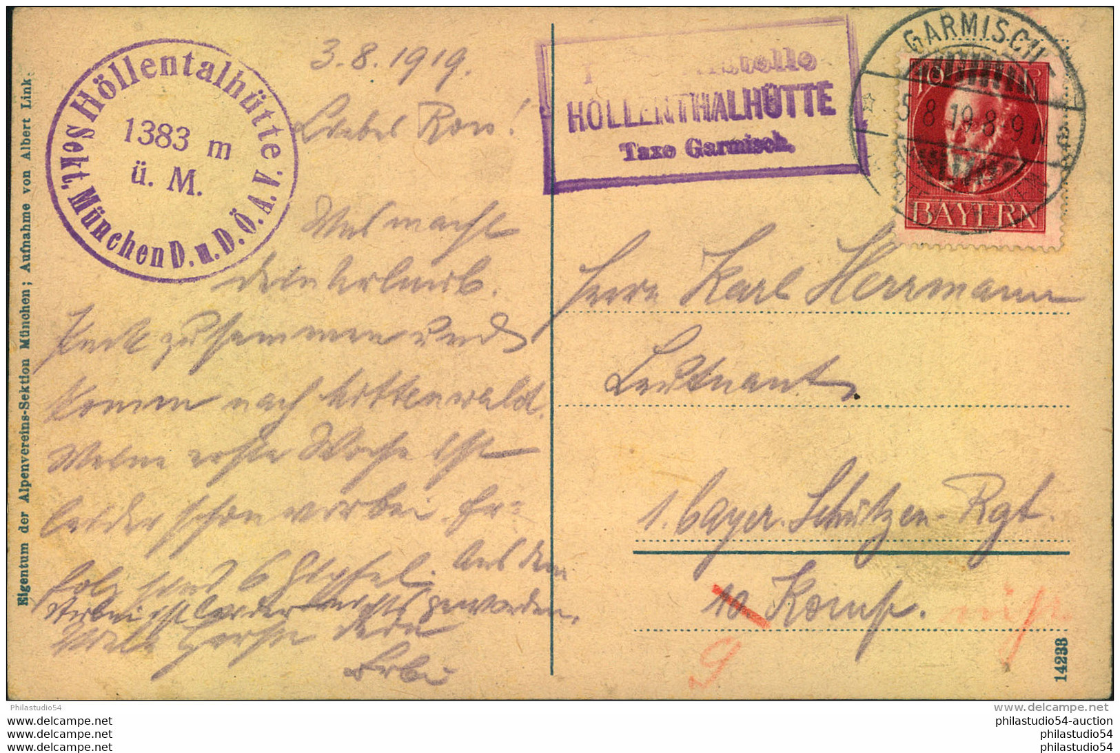 1919, ""HÖLLENTHALHÜTTE Taxe Garmisch Auf Bbildgleicher AK - Lettres & Documents