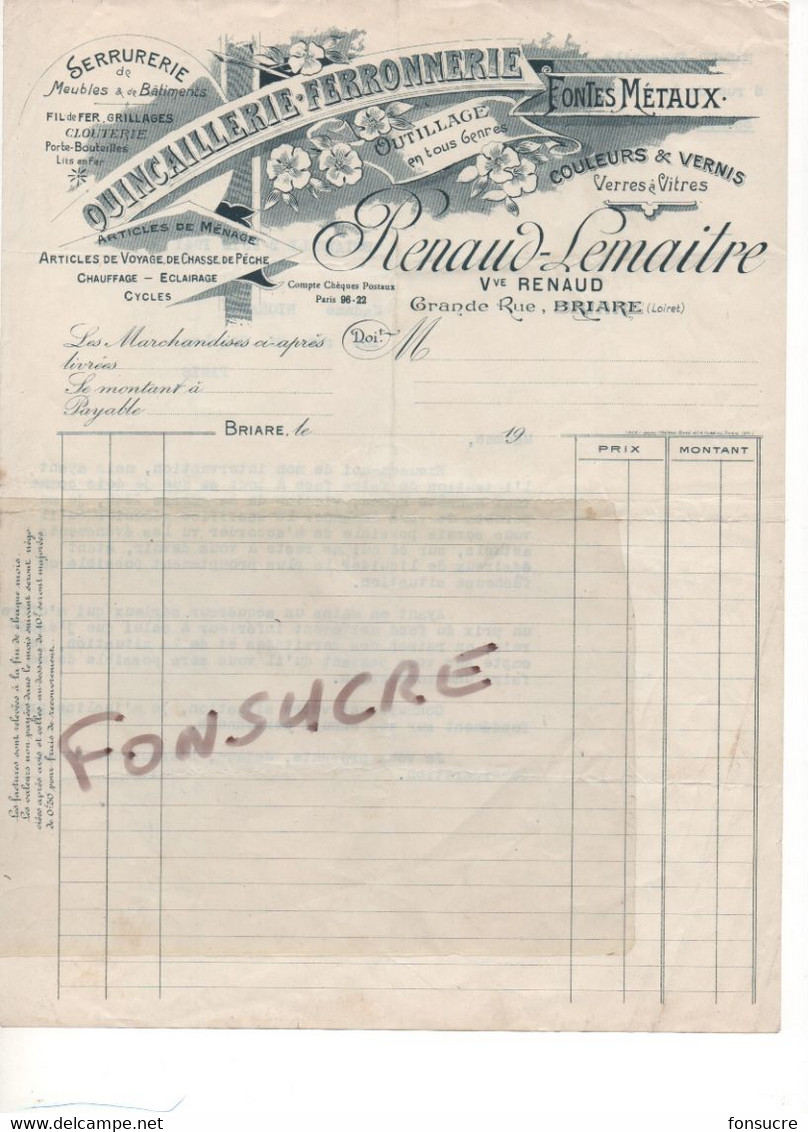 Lettre Veuve RENAUD LEMAITRE Qincaillerie Ferronnerie Serrurerie Verso = Demande Particulière 45 Briare 1941 WW1 - 1900 – 1949