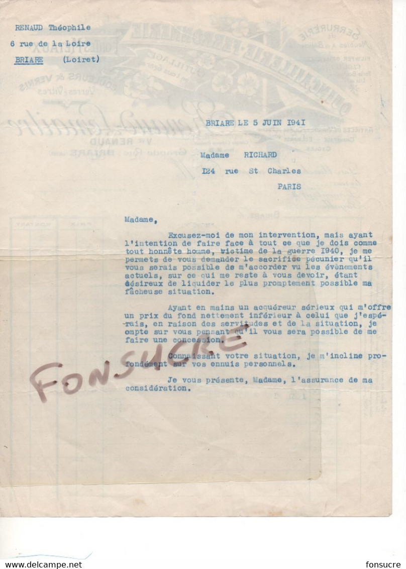 Lettre Veuve RENAUD LEMAITRE Qincaillerie Ferronnerie Serrurerie Verso = Demande Particulière 45 Briare 1941 WW1 - 1900 – 1949