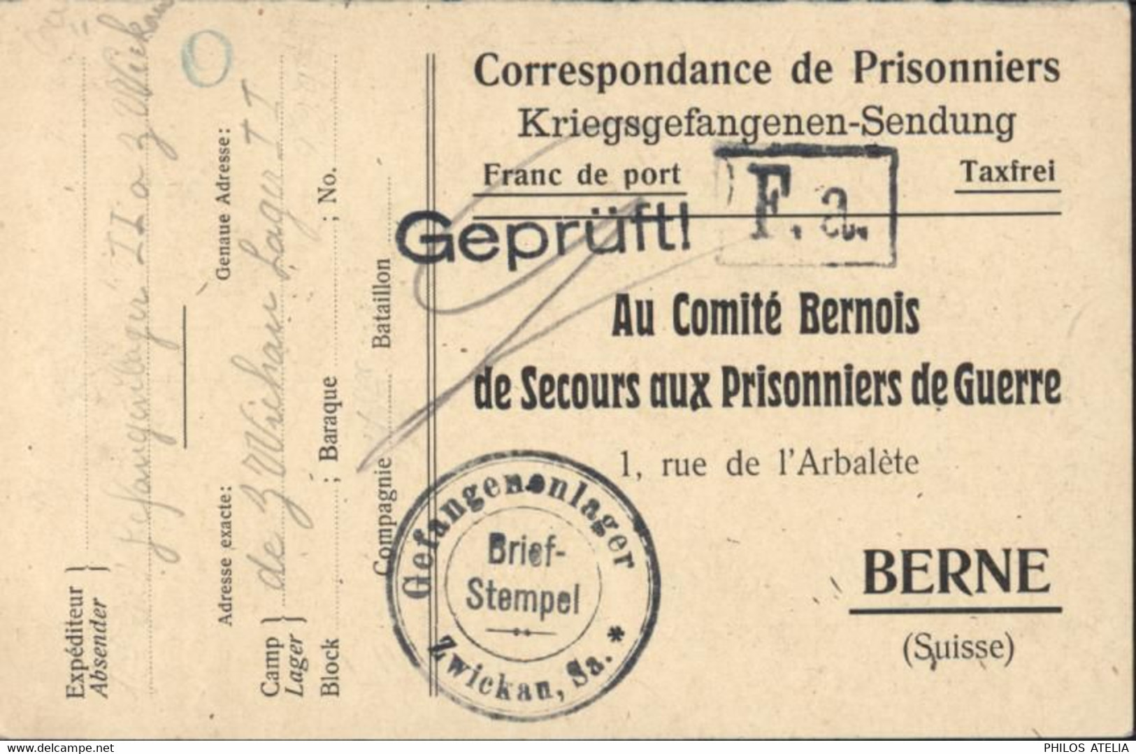 Guerre 14 Accusé Réception Colis Prisonniers De Guerre Camp Zwickau Au Comité Bernois Secours Aux PG Berne Censure - Abstempelungen