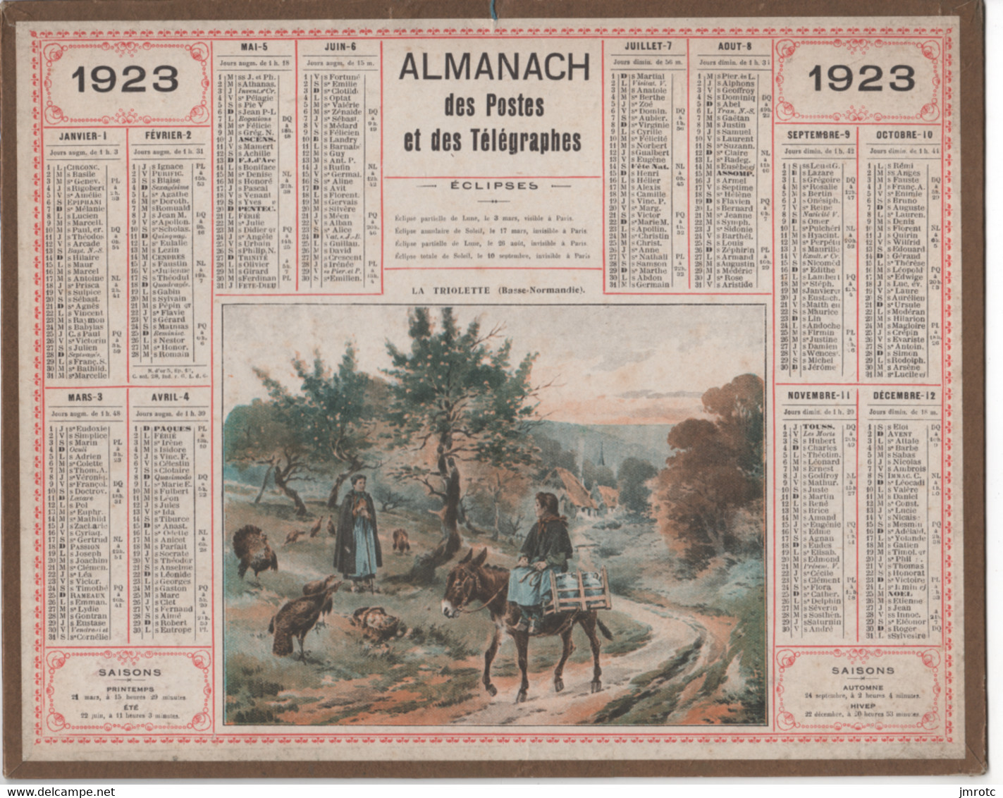Almanach Des Postes Et Télégraphes  1923 "  La Triolette , Basse Normandie - Grand Format : 1921-40